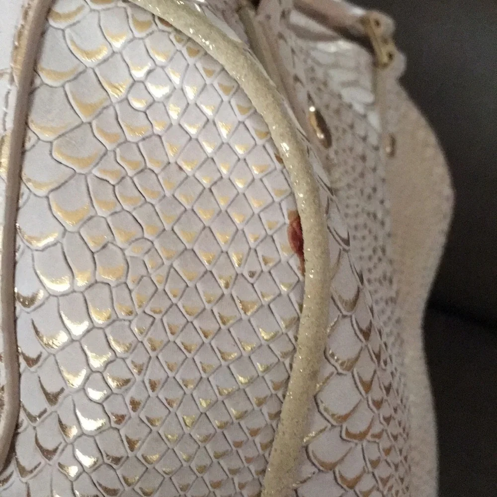 Alice + Olivia Cream and Gold Snake-Embossed Satchel